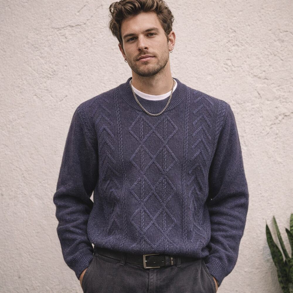 Men's Sz L Blue Super Soft Cable Print Cotton Crew Neck Sweater Pullover Fleece